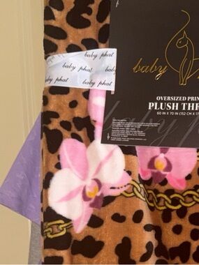 Baby Phat Leopard Print Plush Throw Blanket with Pink Floral Accents